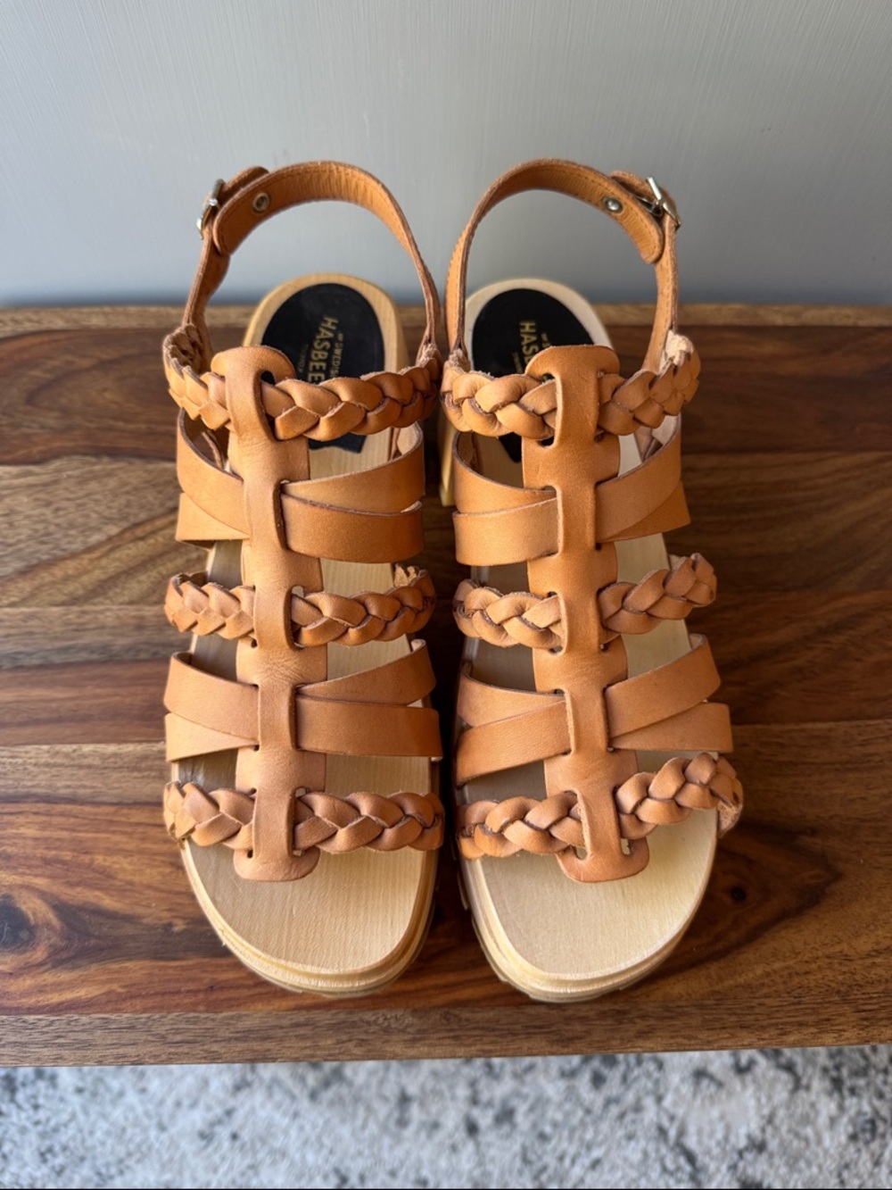 New Swedish Hasbeens Braided Tan Leather Wood Platform Sandals - Picture 3 of 10